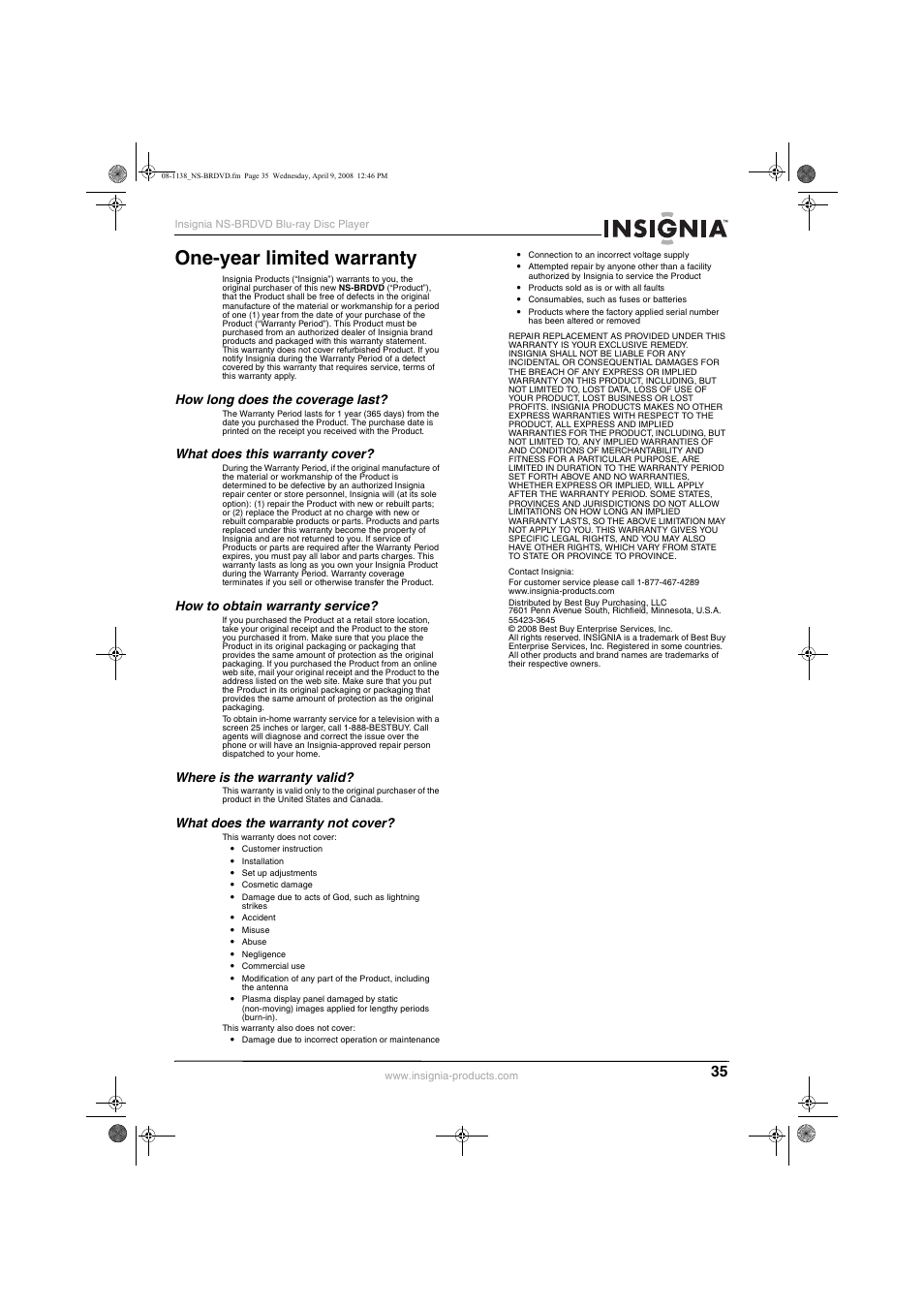 One-year limited warranty, How long does the coverage last, What does this warranty cover | How to obtain warranty service, Where is the warranty valid, What does the warranty not cover | Insignia NS-BRDVD User Manual | Page 43 / 126