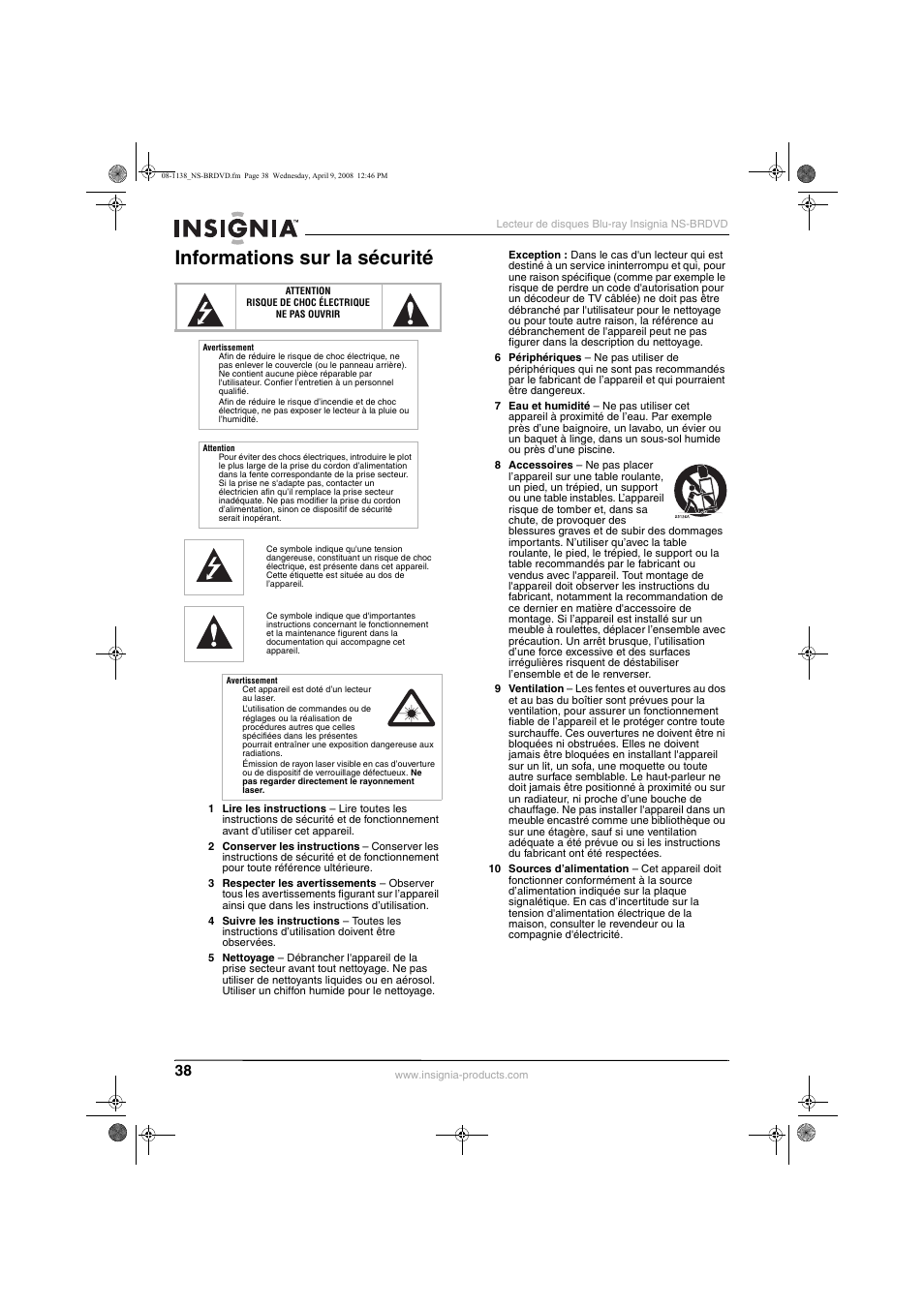 Informations sur la sécurité | Insignia NS-BRDVD User Manual | Page 46 / 126