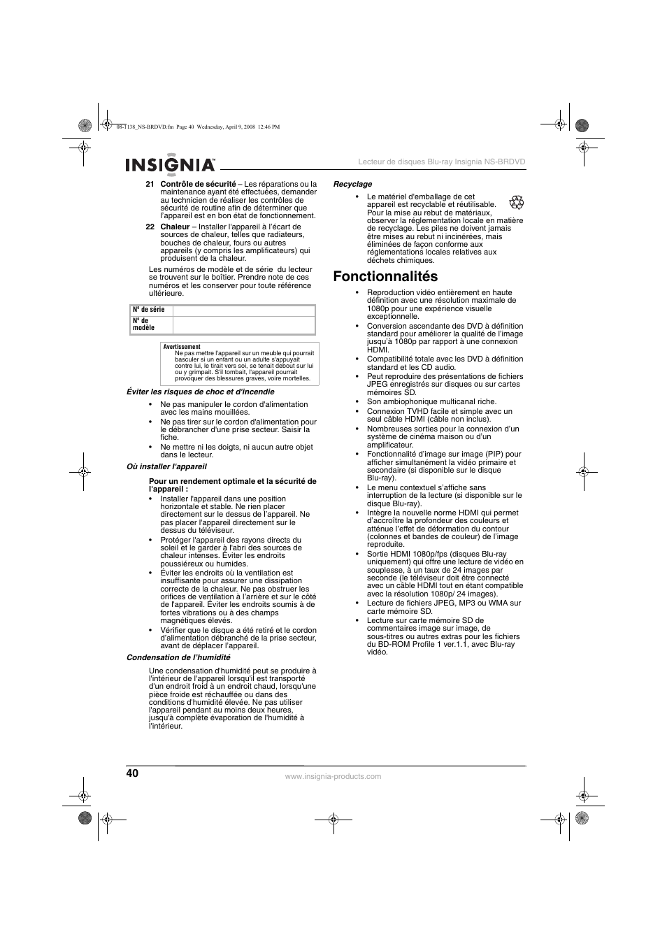 Fonctionnalités | Insignia NS-BRDVD User Manual | Page 48 / 126