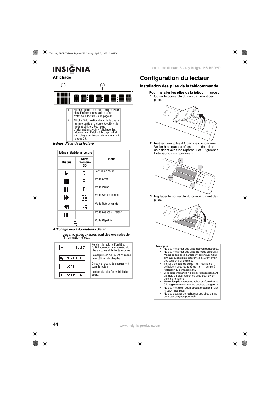 Configuration du lecteur | Insignia NS-BRDVD User Manual | Page 52 / 126