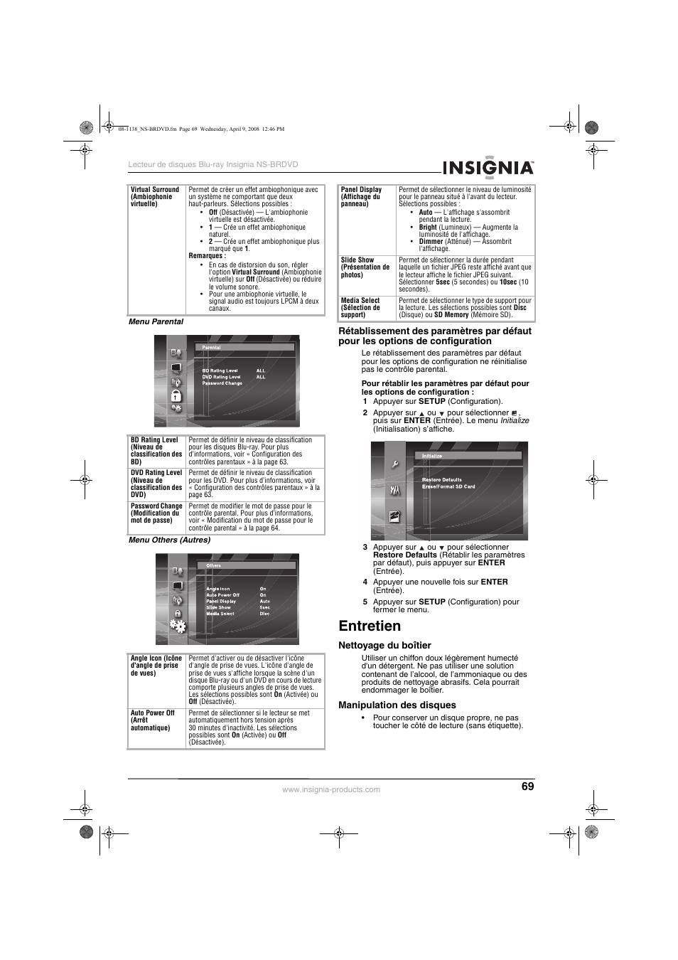 Entretien | Insignia NS-BRDVD User Manual | Page 77 / 126