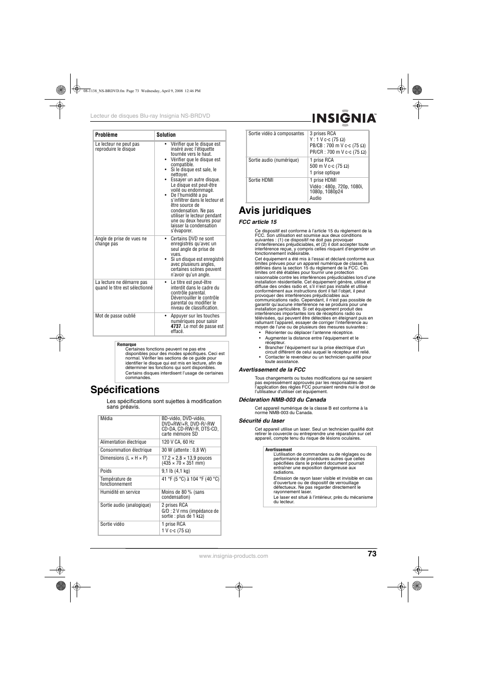 Spécifications, Avis juridiques | Insignia NS-BRDVD User Manual | Page 81 / 126