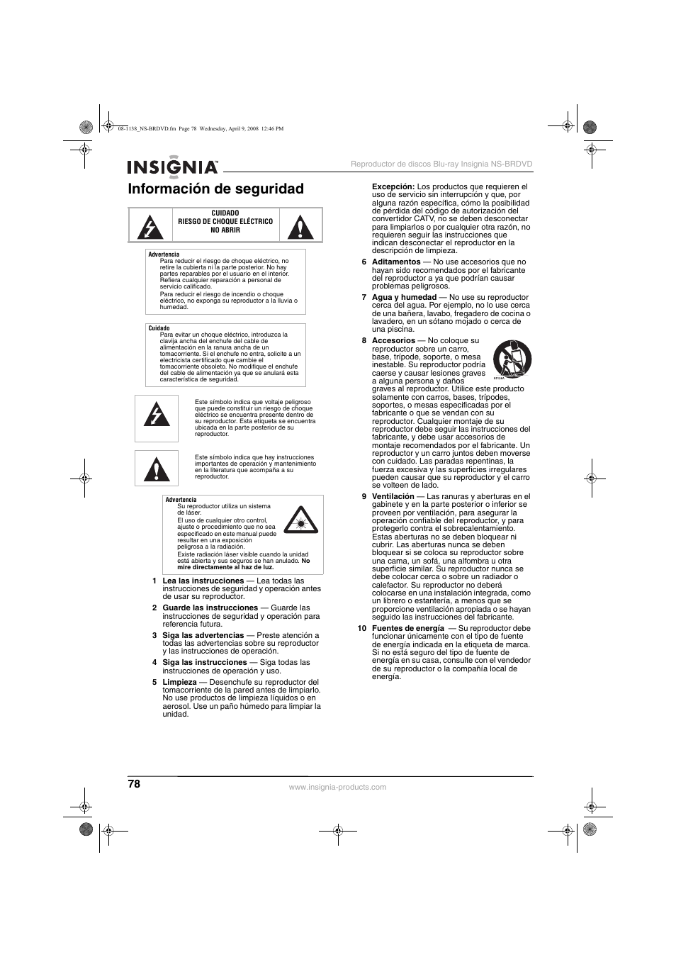 Información de seguridad | Insignia NS-BRDVD User Manual | Page 86 / 126