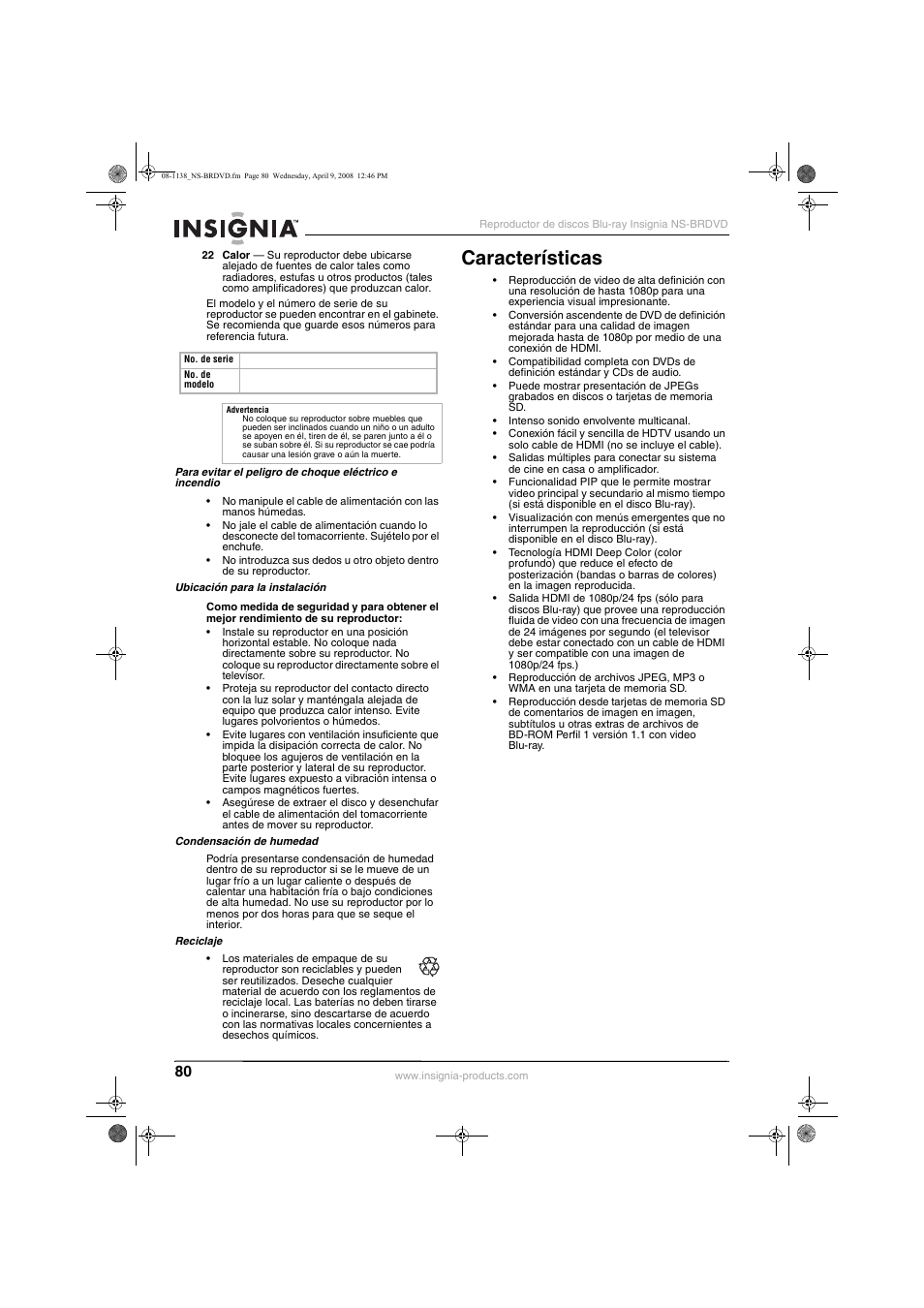 Características | Insignia NS-BRDVD User Manual | Page 88 / 126