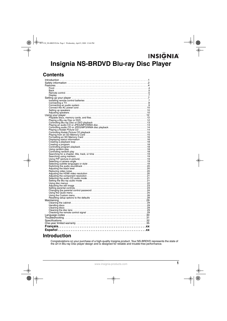 Insignia NS-BRDVD User Manual | Page 9 / 126