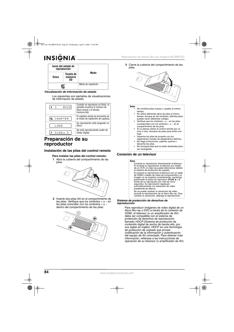 Preparación de su reproductor | Insignia NS-BRDVD User Manual | Page 92 / 126