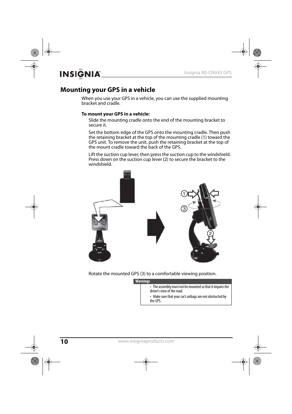 Mounting your gps in a vehicle | Insignia NS-CNV43 User Manual | Page 10 / 64
