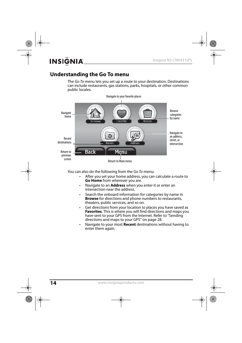 Understanding the go to menu | Insignia NS-CNV43 User Manual | Page 14 / 64