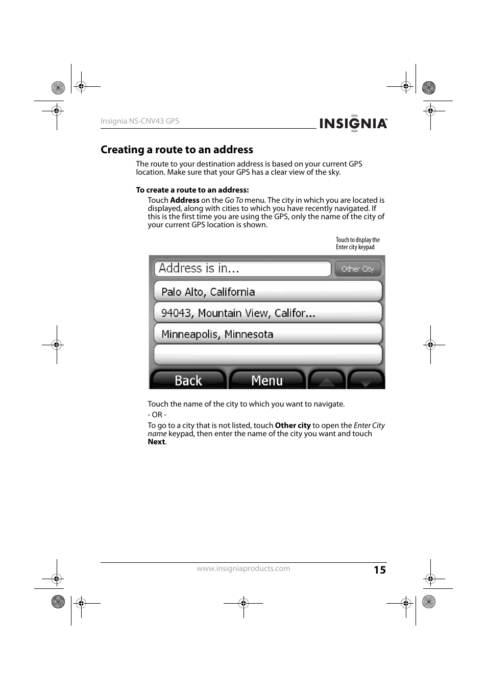 Creating a route to an address, E “creating a route to an address | Insignia NS-CNV43 User Manual | Page 15 / 64