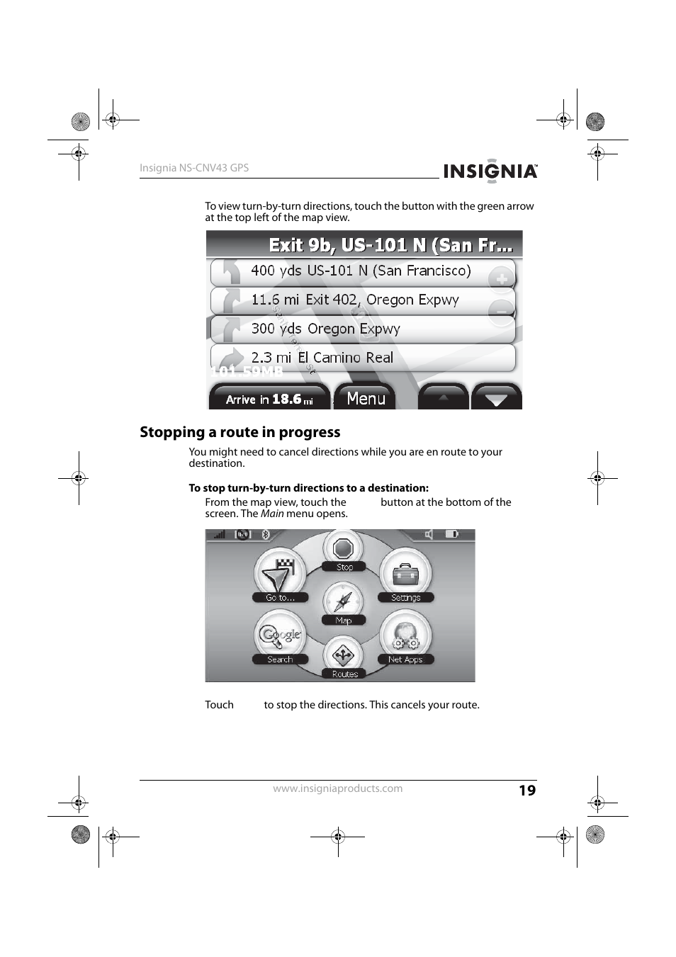 Stopping a route in progress | Insignia NS-CNV43 User Manual | Page 19 / 64