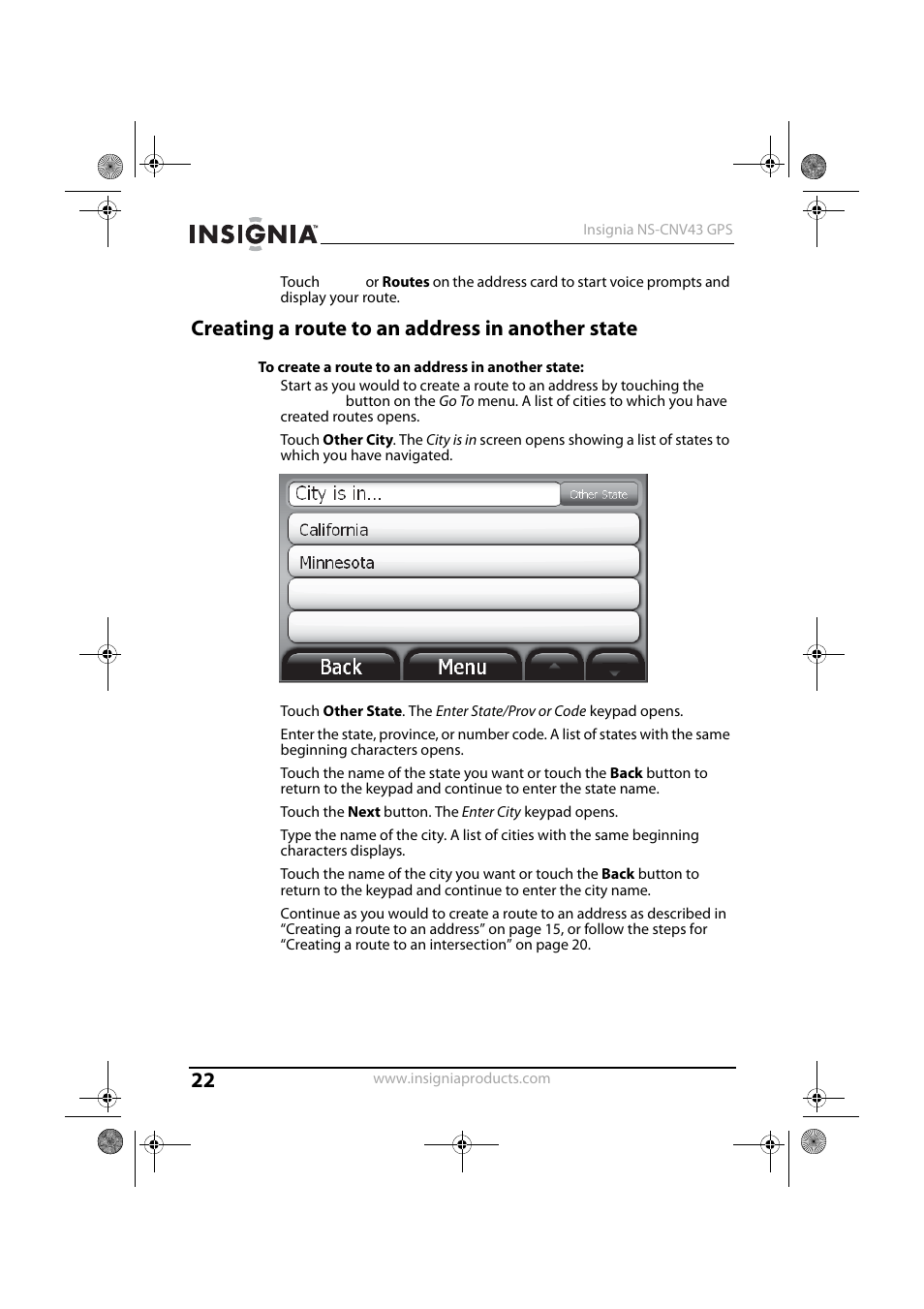Creating a route to an address in another state | Insignia NS-CNV43 User Manual | Page 22 / 64