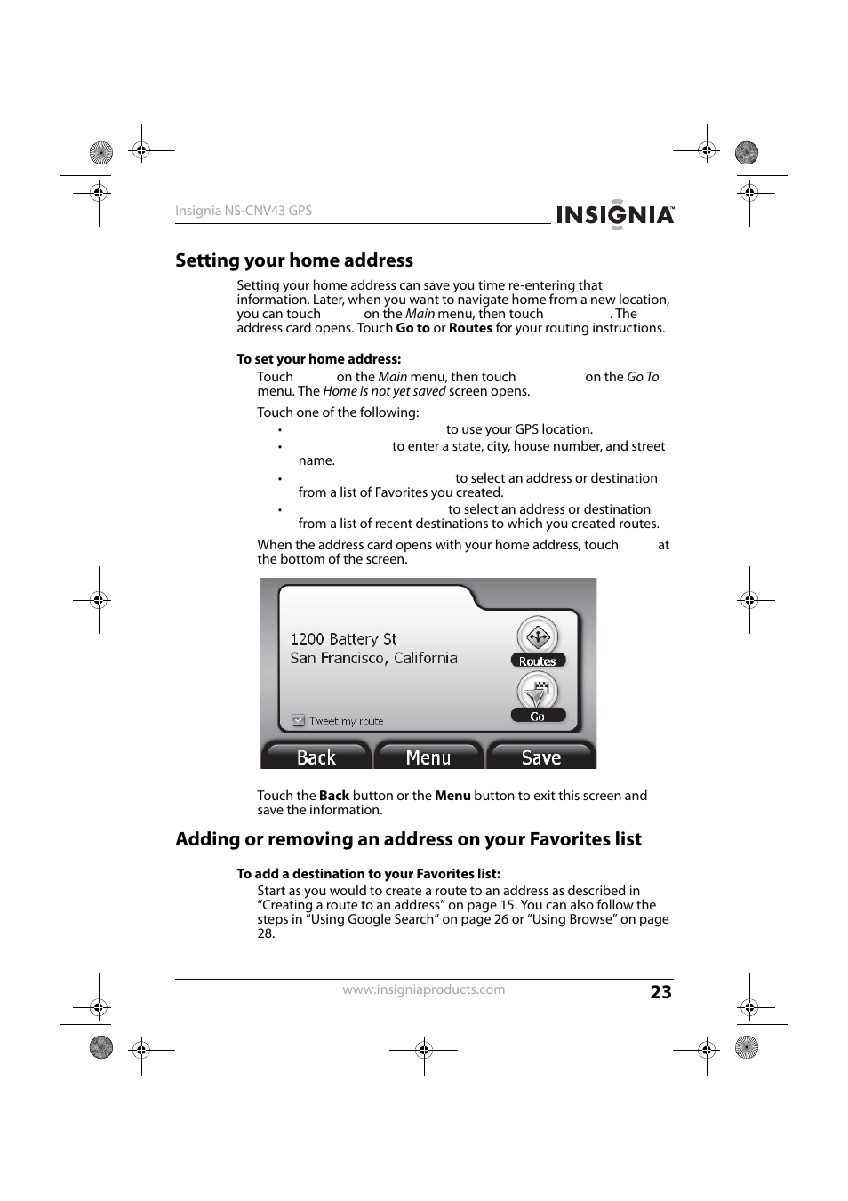 Setting your home address | Insignia NS-CNV43 User Manual | Page 23 / 64