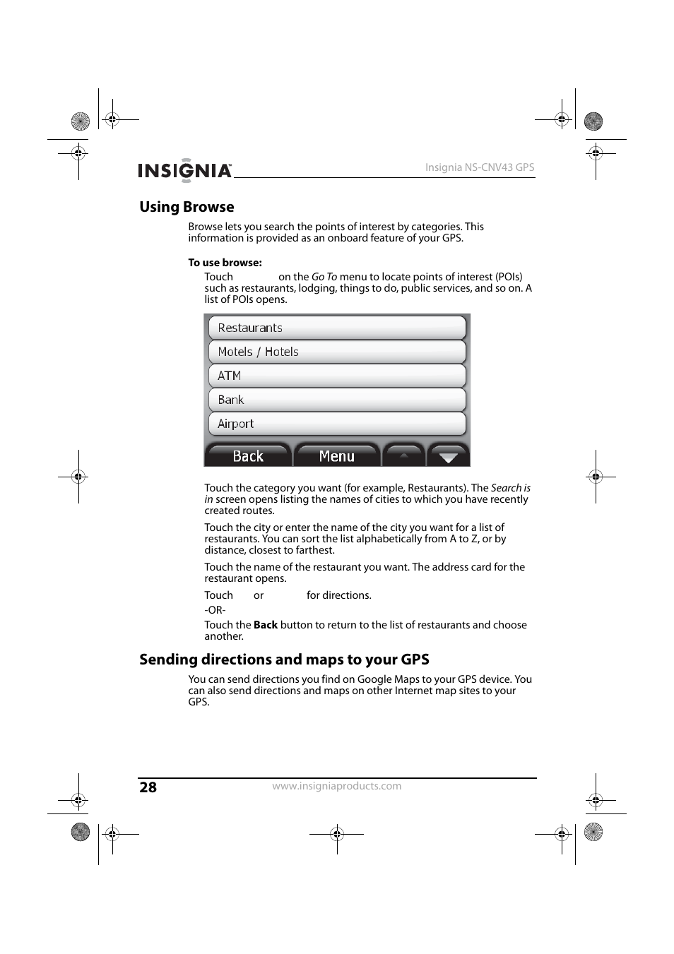 Using browse, Sending directions and maps to your gps | Insignia NS-CNV43 User Manual | Page 28 / 64