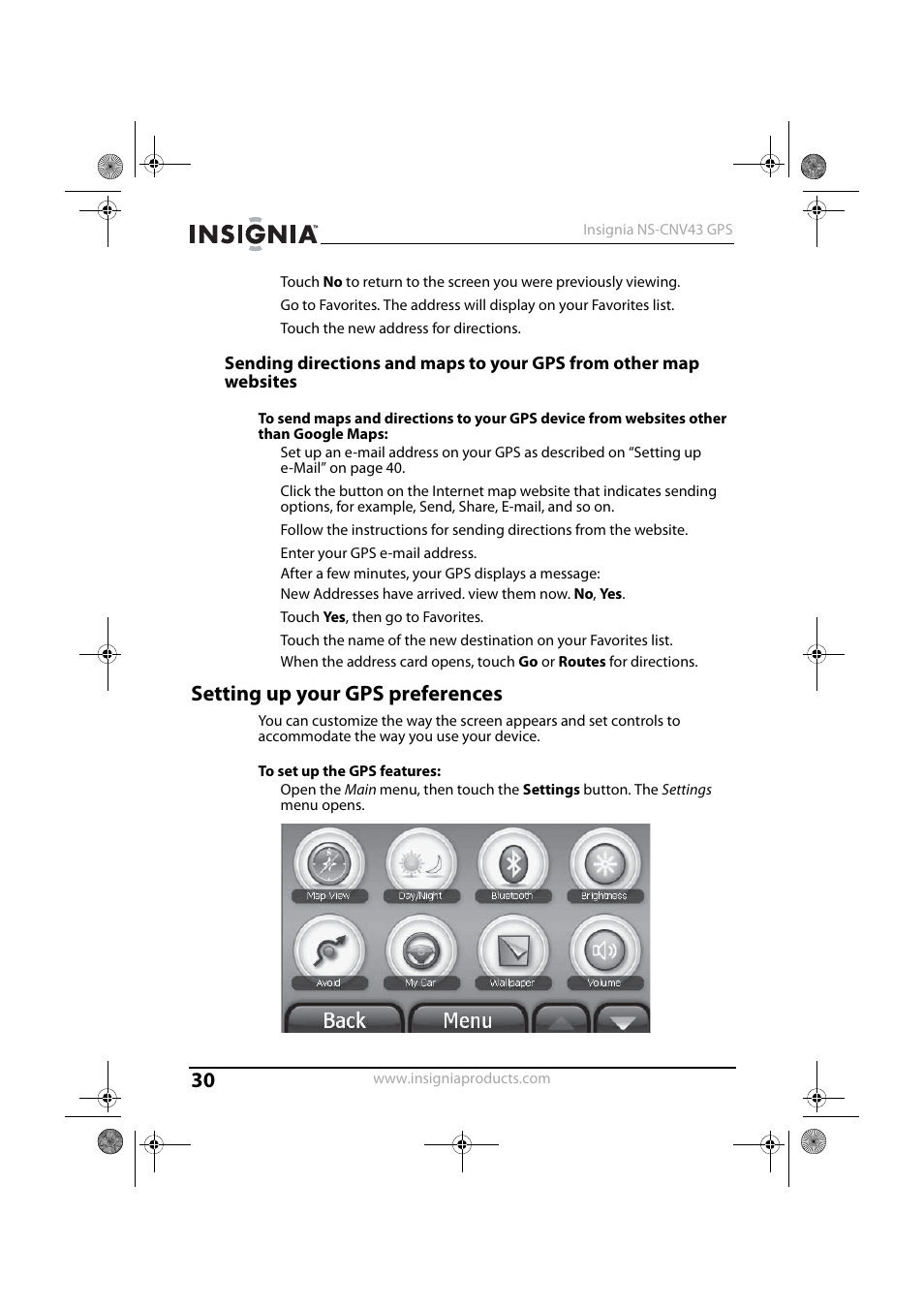 Setting up your gps preferences, E “setting up your gps preferences” on p | Insignia NS-CNV43 User Manual | Page 30 / 64