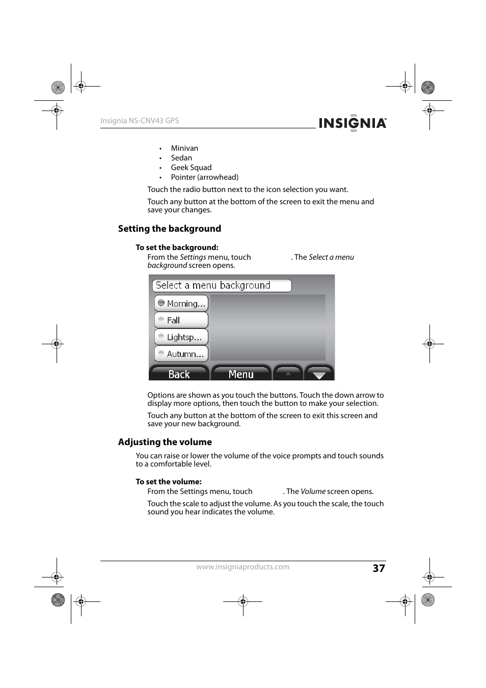 Setting the background, Adjusting the volume | Insignia NS-CNV43 User Manual | Page 37 / 64