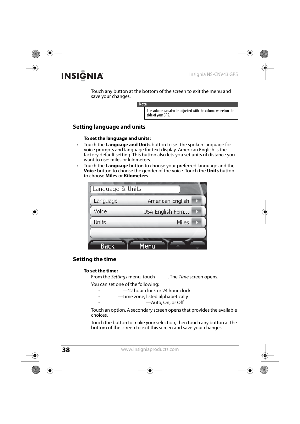 Setting language and units, Setting the time | Insignia NS-CNV43 User Manual | Page 38 / 64