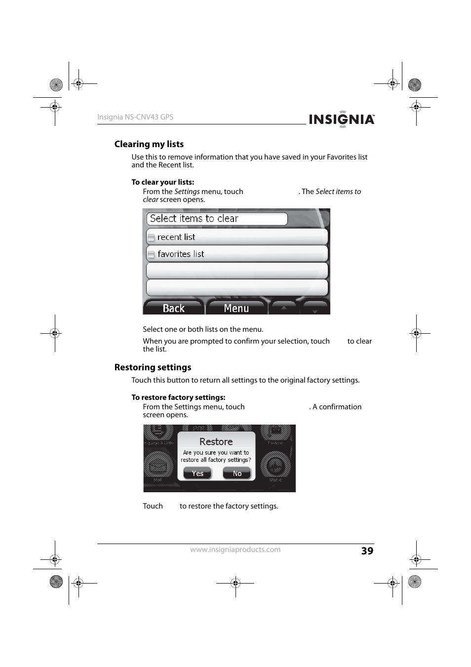 Clearing my lists, Restoring settings | Insignia NS-CNV43 User Manual | Page 39 / 64