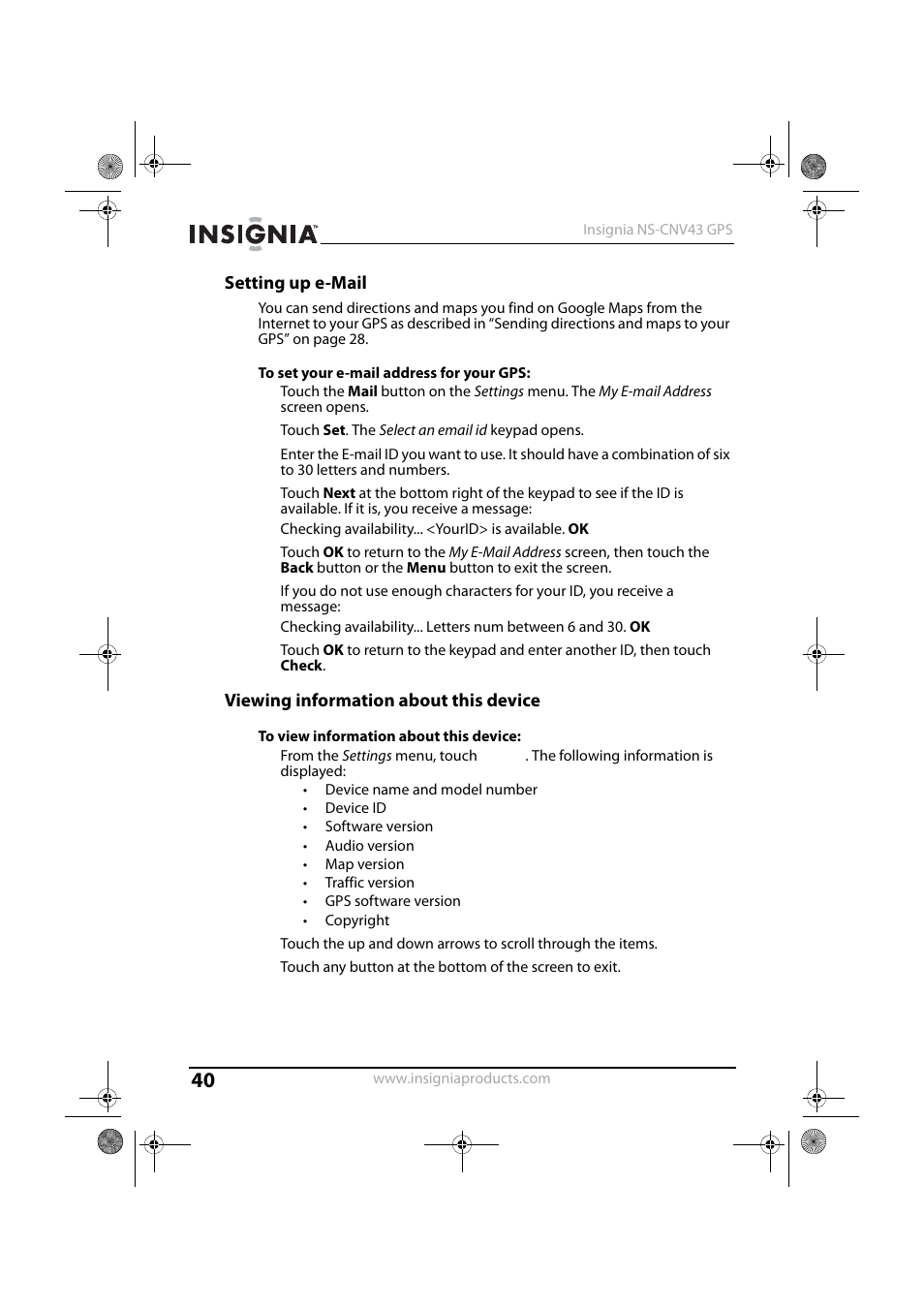 Setting up e-mail, Viewing information about this device | Insignia NS-CNV43 User Manual | Page 40 / 64