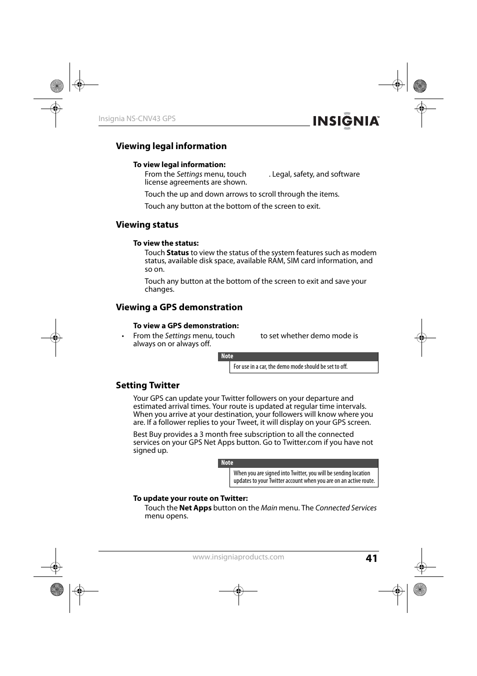 Viewing legal information, Viewing status, Viewing a gps demonstration | Setting twitter | Insignia NS-CNV43 User Manual | Page 41 / 64