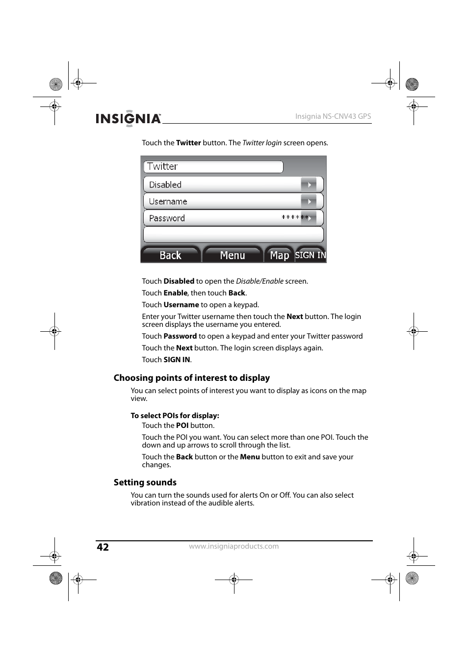 Choosing points of interest to display, Setting sounds | Insignia NS-CNV43 User Manual | Page 42 / 64