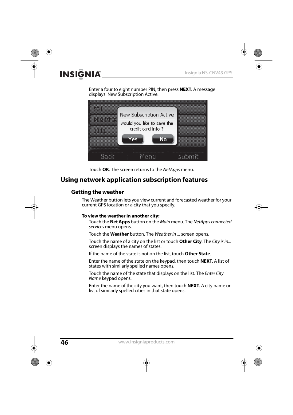 Using network application subscription features, Getting the weather | Insignia NS-CNV43 User Manual | Page 46 / 64