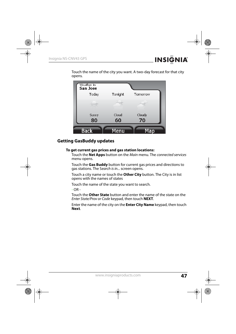 Getting gasbuddy updates | Insignia NS-CNV43 User Manual | Page 47 / 64