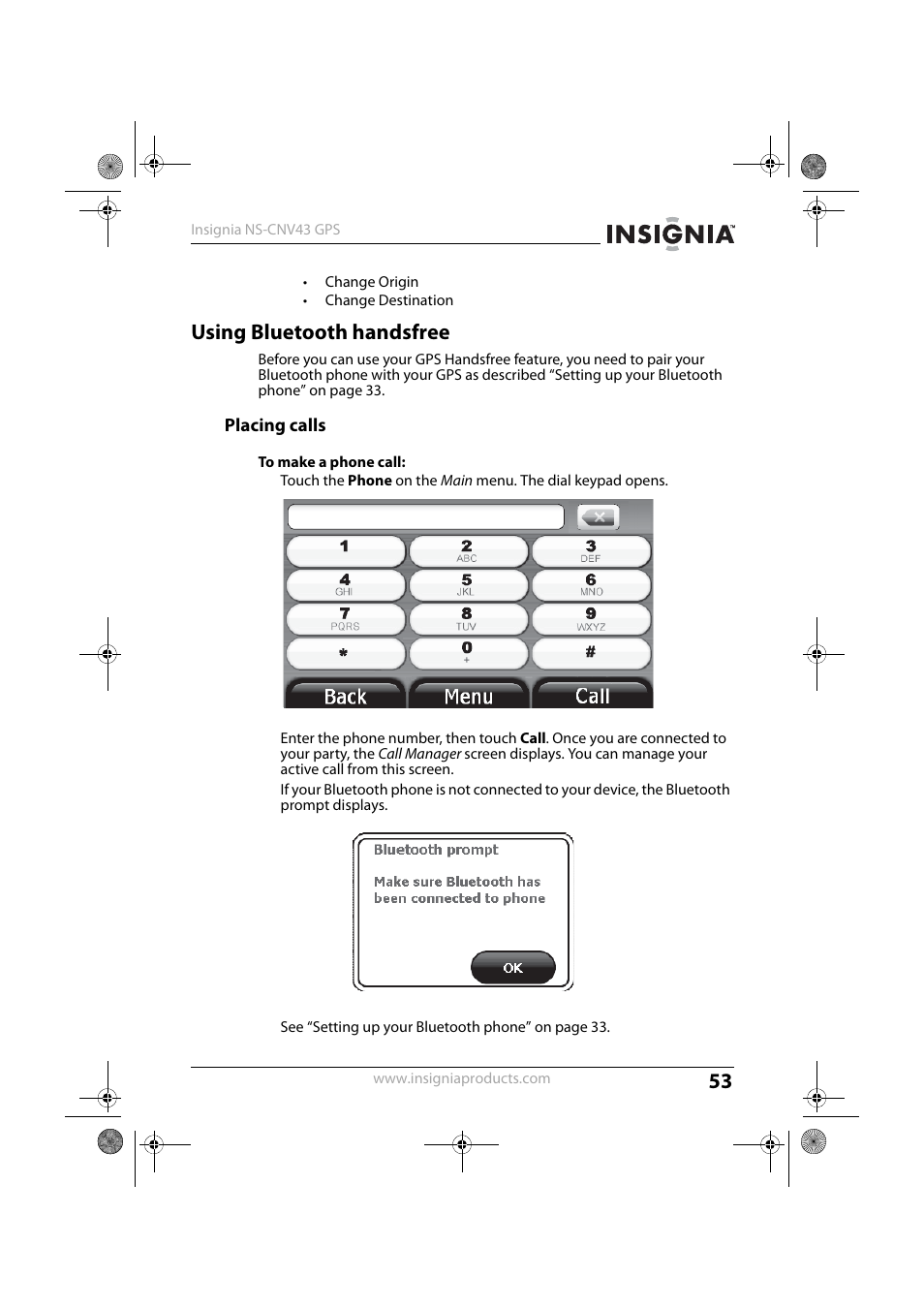 Using bluetooth handsfree, Placing calls | Insignia NS-CNV43 User Manual | Page 53 / 64