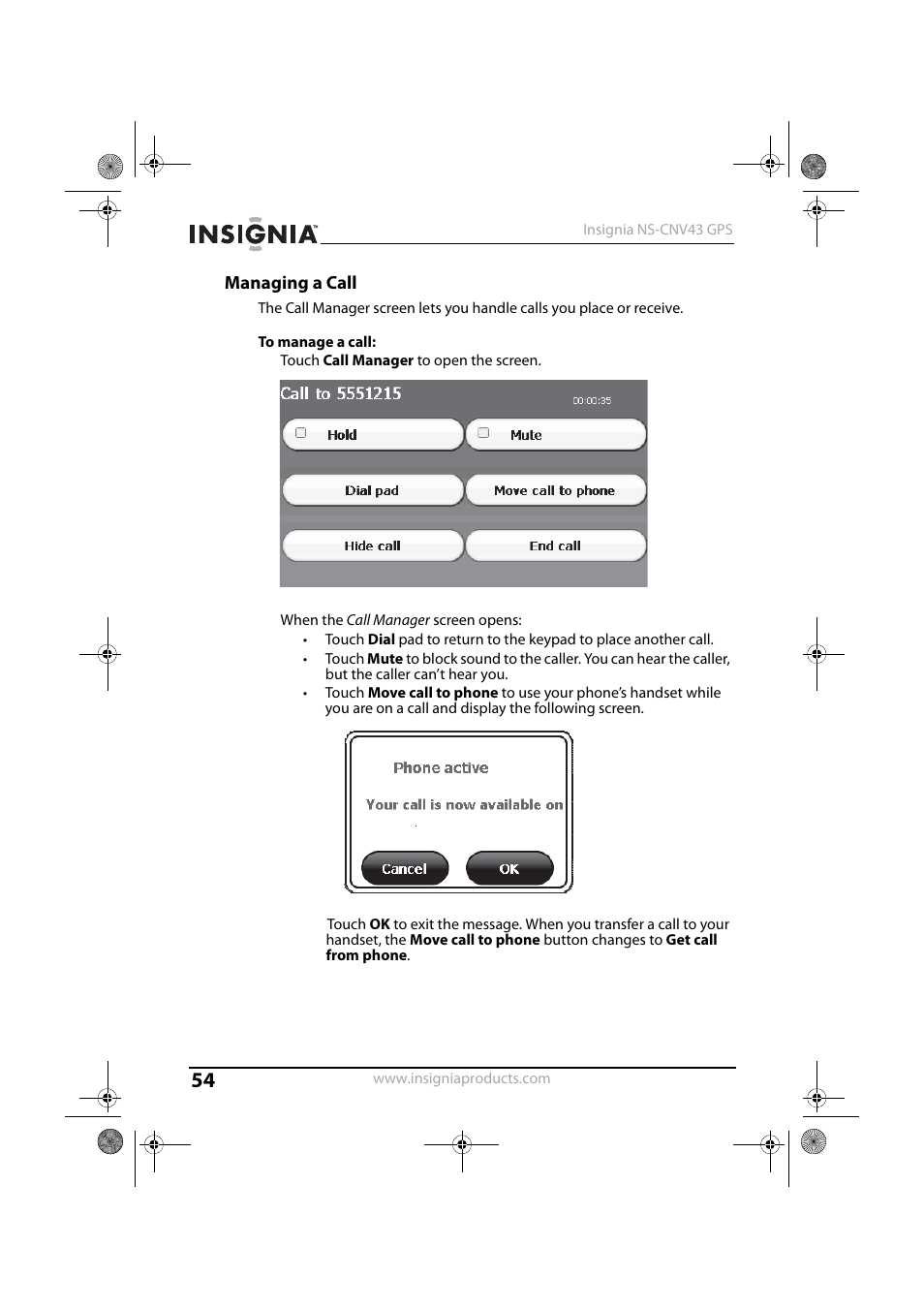 Managing a call | Insignia NS-CNV43 User Manual | Page 54 / 64