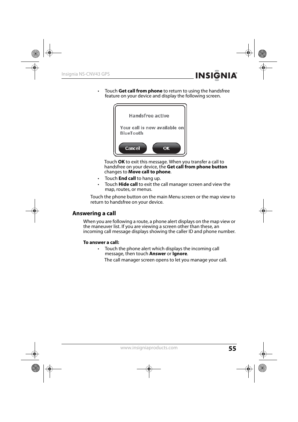 Answering a call | Insignia NS-CNV43 User Manual | Page 55 / 64