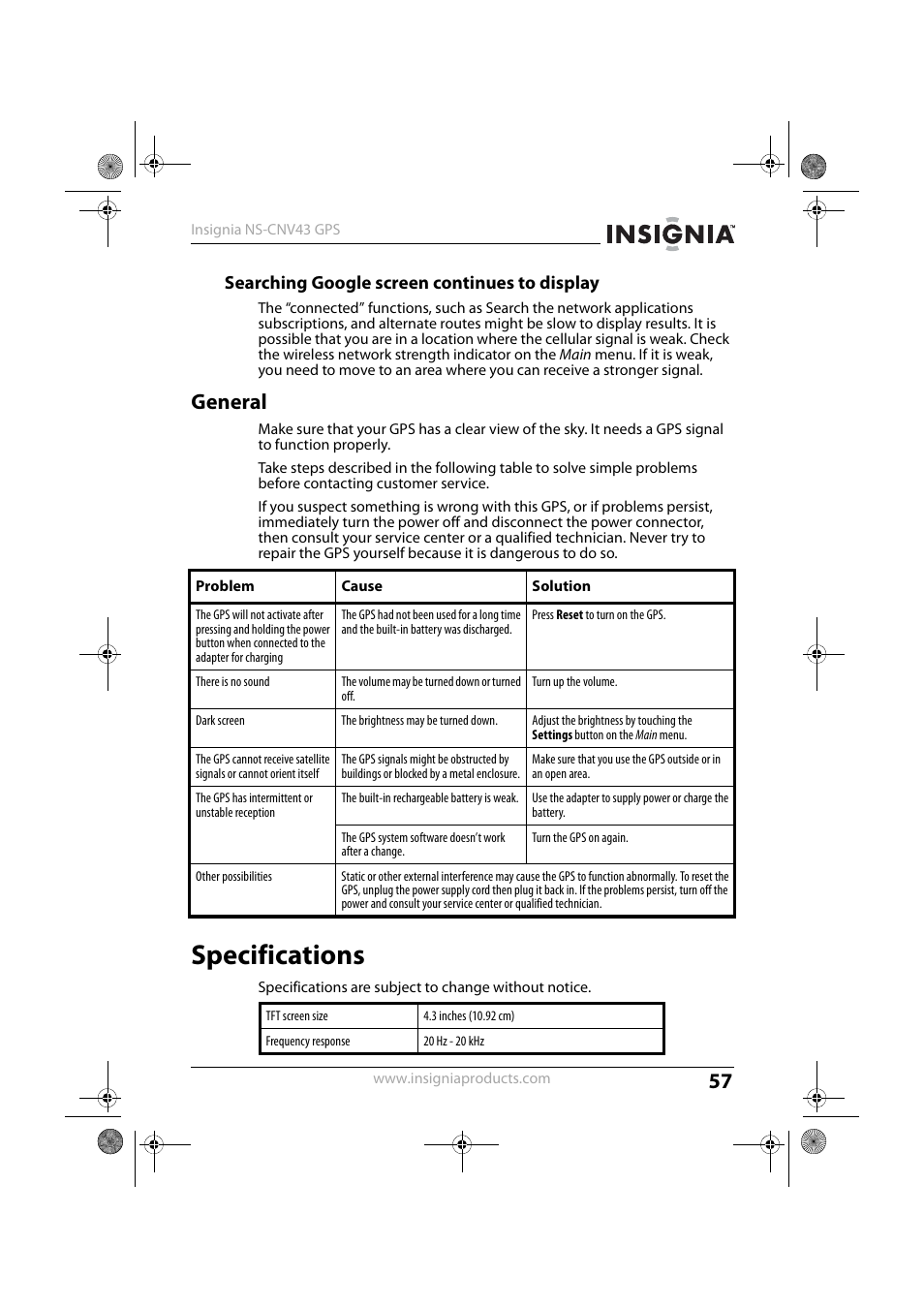 Searching google screen continues to display, General, Specifications | Insignia NS-CNV43 User Manual | Page 57 / 64