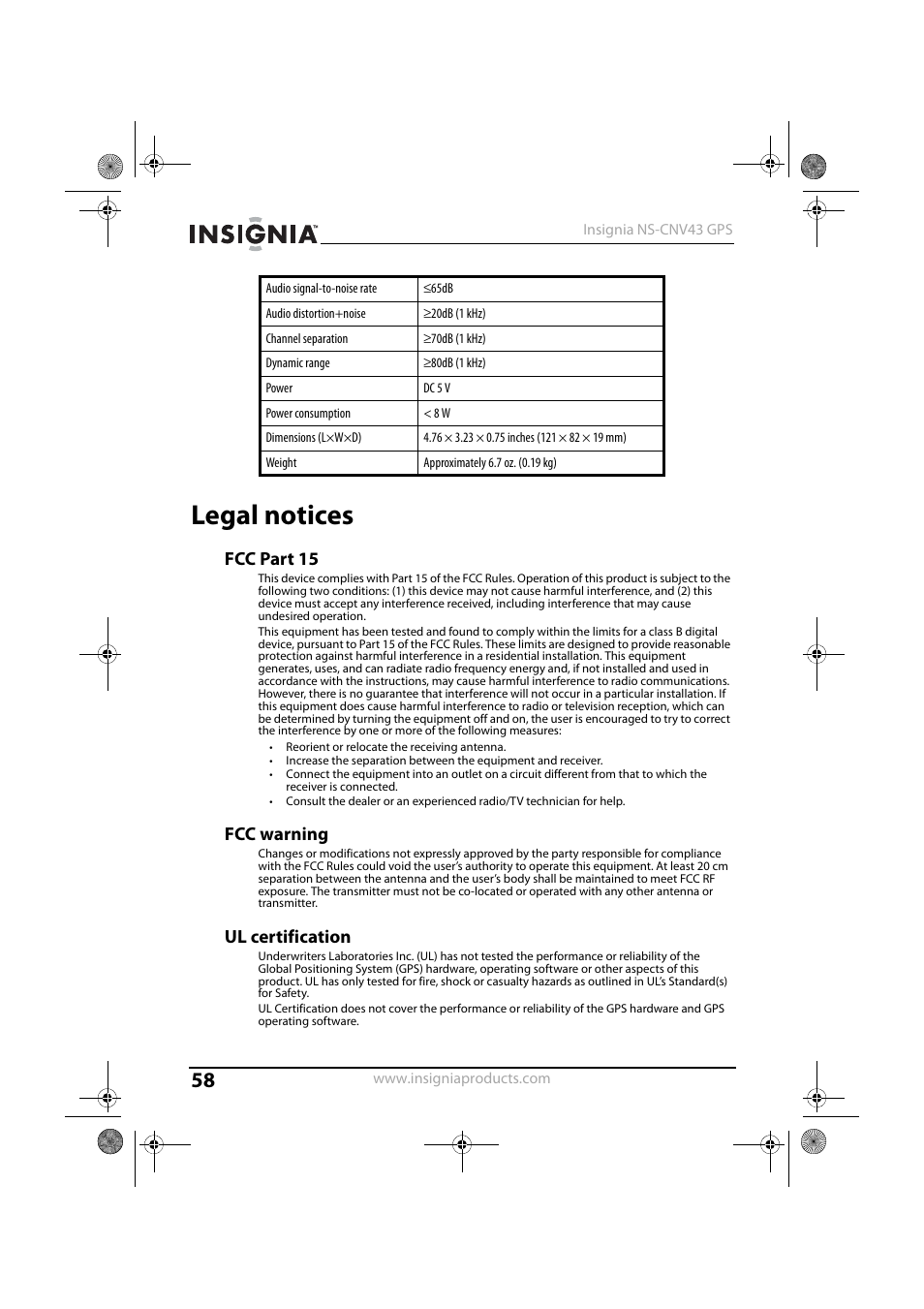 Legal notices, Fcc part 15, Fcc warning | Ul certification | Insignia NS-CNV43 User Manual | Page 58 / 64