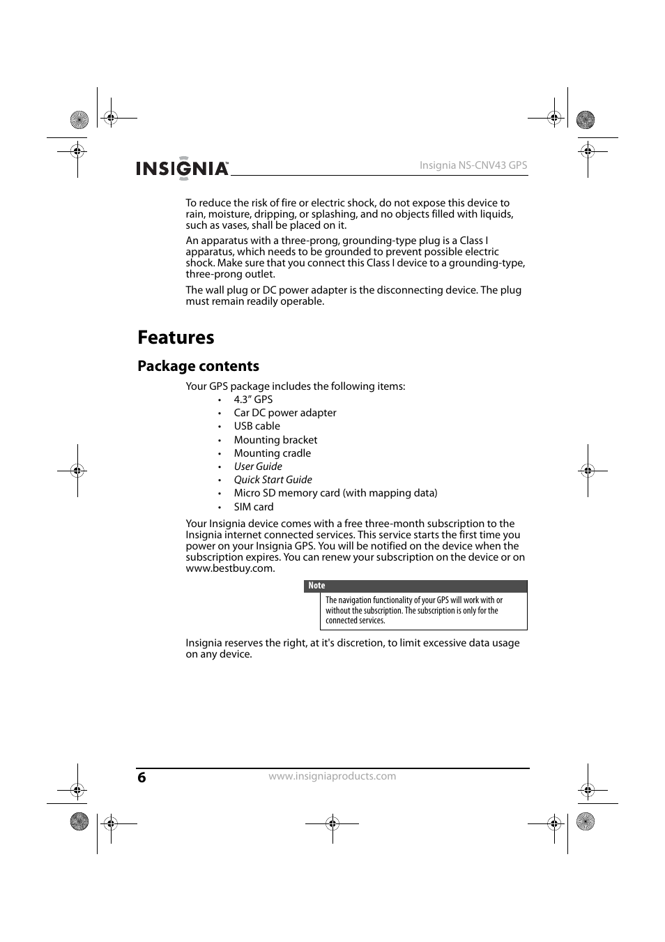 Features, Package contents | Insignia NS-CNV43 User Manual | Page 6 / 64
