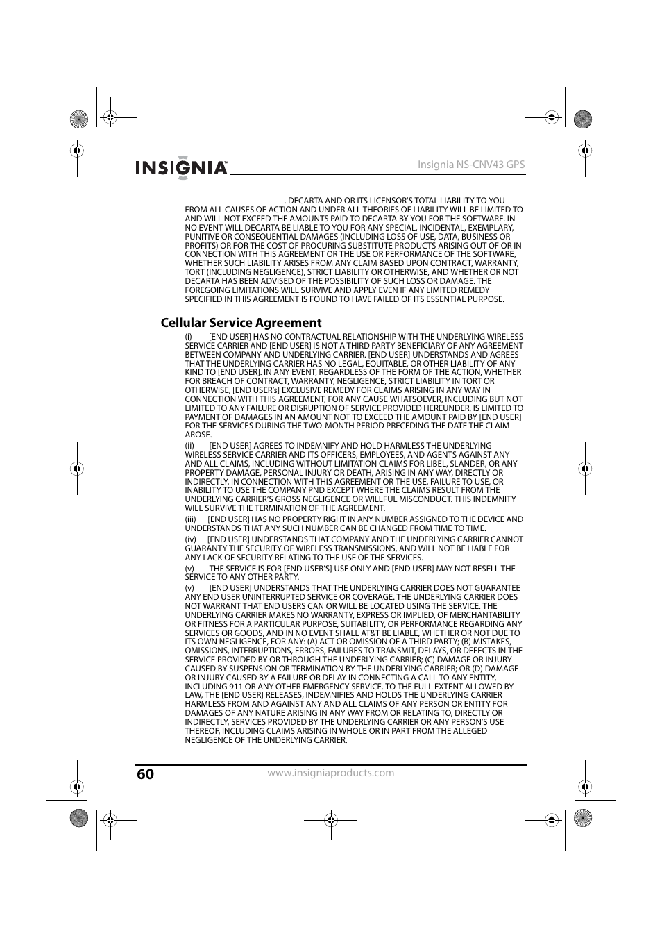 Cellular service agreement | Insignia NS-CNV43 User Manual | Page 60 / 64