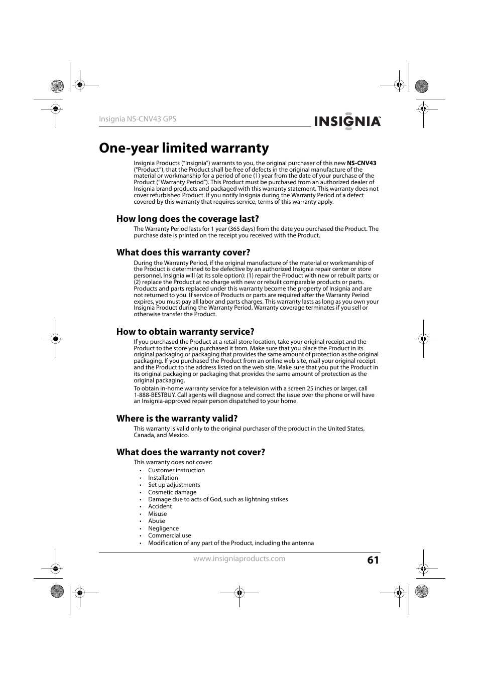 How long does the coverage last, What does this warranty cover, How to obtain warranty service | Where is the warranty valid, What does the warranty not cover, One-year limited warranty | Insignia NS-CNV43 User Manual | Page 61 / 64