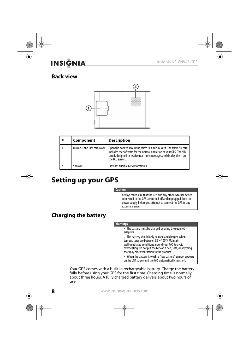 Back view, Setting up your gps, Charging the battery | Insignia NS-CNV43 User Manual | Page 8 / 64