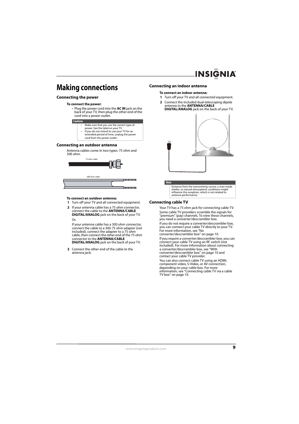 Making connections, Connecting the power, Connecting an outdoor antenna | Connecting an indoor antenna, Connecting cable tv, Ee “connecting an outdoor antenna | Insignia NS-L32Q09-10A User Manual | Page 13 / 44