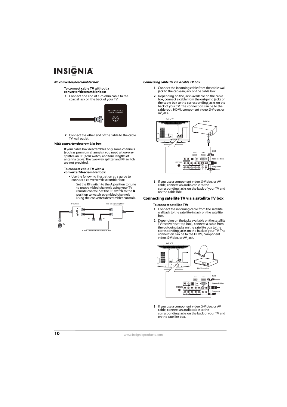 No converter/descrambler box, With converter/descrambler box, Connecting cable tv via a cable tv box | Connecting satellite tv via a satellite tv box, Ge 10 a | Insignia NS-L32Q09-10A User Manual | Page 14 / 44
