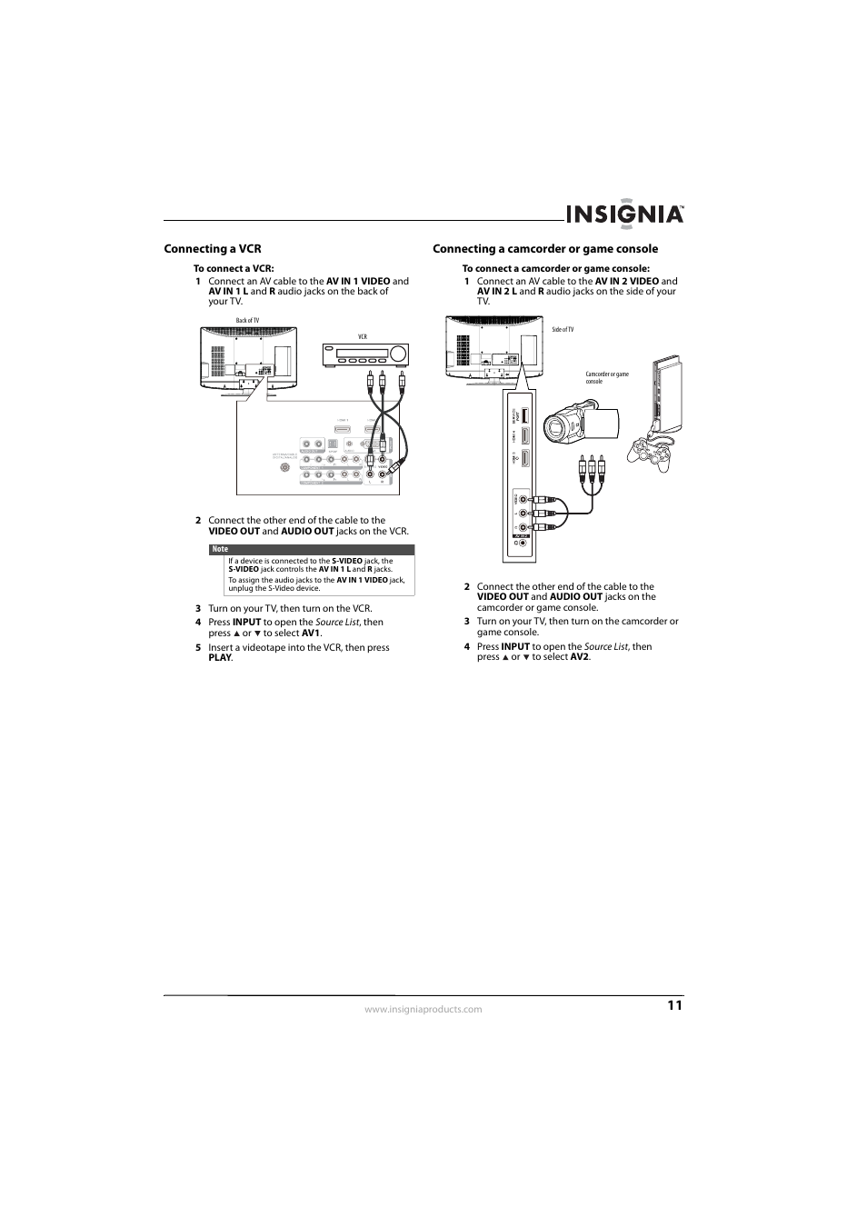 Connecting a vcr, Connecting a camcorder or game console, Ee “connecting a vcr | Insignia NS-L32Q09-10A User Manual | Page 15 / 44
