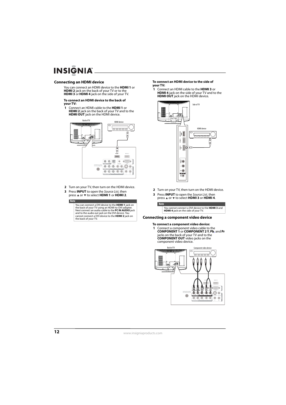 Connecting an hdmi device, Connecting a component video device, Ee “connecting a component video device | See “connecting an hdmi device, See “connecting an hdmi device” o | Insignia NS-L32Q09-10A User Manual | Page 16 / 44
