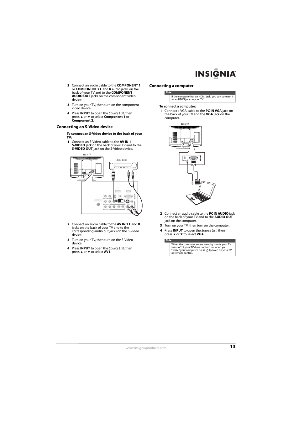 Connecting an s-video device, Connecting a computer, Connecting an s-video device connecting a computer | See “connecting a computer” on, Connecting a computer” o, Ee “connecting an s-video device, Ee “connecting an s-video device” o, 13 o, E “connecting an s-video device | Insignia NS-L32Q09-10A User Manual | Page 17 / 44