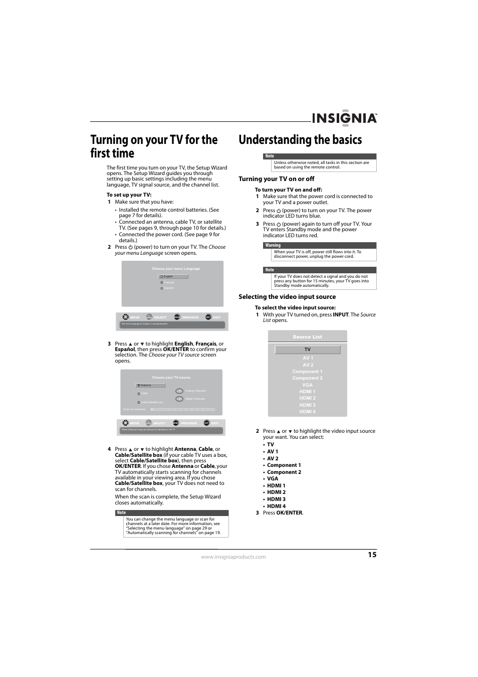 Turning on your tv for the first time, Understanding the basics, Turning your tv on or off | Selecting the video input source, Ee “selecting the video input source | Insignia NS-L32Q09-10A User Manual | Page 19 / 44