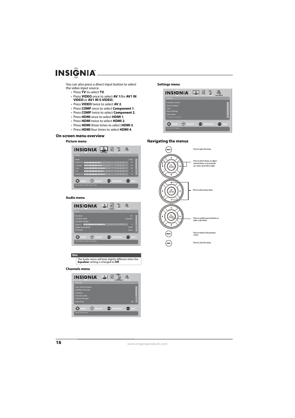 On-screen menu overview, Navigating the menus, On-screen menu overview navigating the menus | Insignia NS-L32Q09-10A User Manual | Page 20 / 44