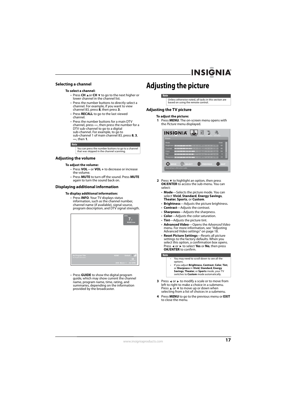 Selecting a channel, Adjusting the volume, Displaying additional information | Adjusting the picture, Adjusting the tv picture, Adjusting the tv picture” o, Ge 17, Ee “selecting a channel” o | Insignia NS-L32Q09-10A User Manual | Page 21 / 44