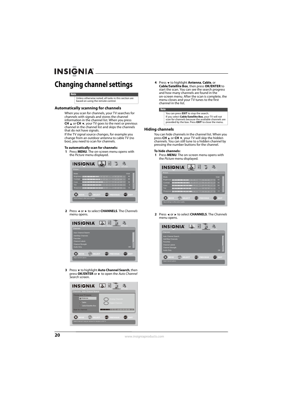 Changing channel settings, Automatically scanning for channels, Hiding channels | Insignia NS-L32Q09-10A User Manual | Page 24 / 44