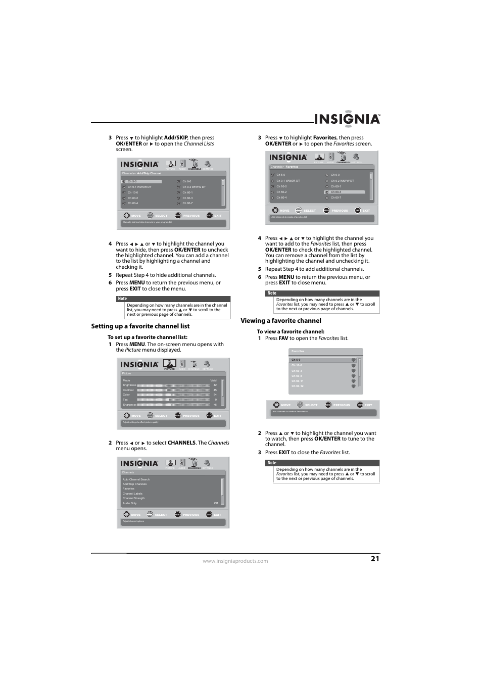 Setting up a favorite channel list, Viewing a favorite channel, Ee “setting up a favorite channel list | Insignia NS-L32Q09-10A User Manual | Page 25 / 44