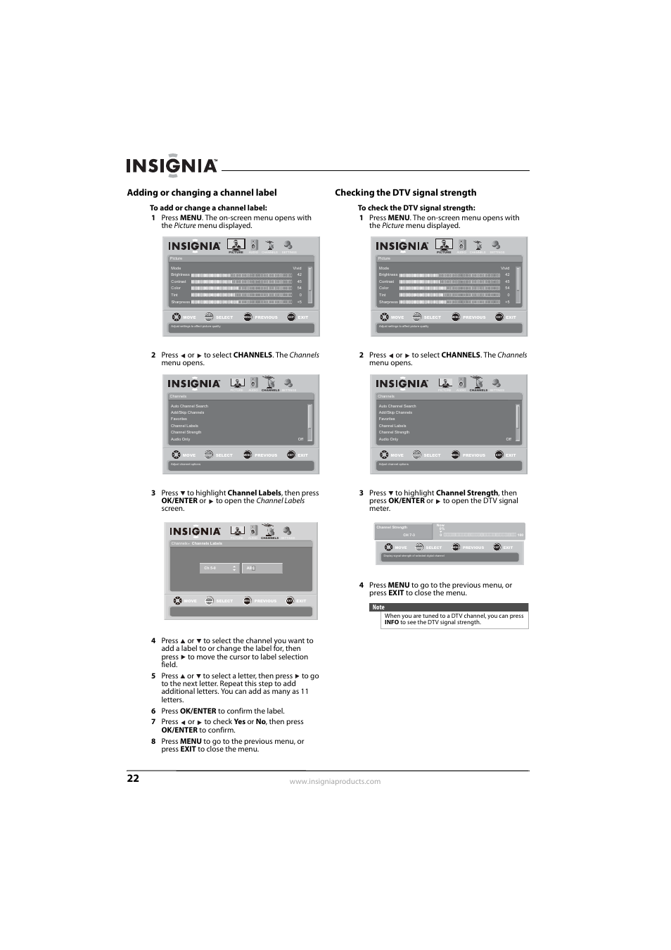 Adding or changing a channel label, Checking the dtv signal strength | Insignia NS-L32Q09-10A User Manual | Page 26 / 44