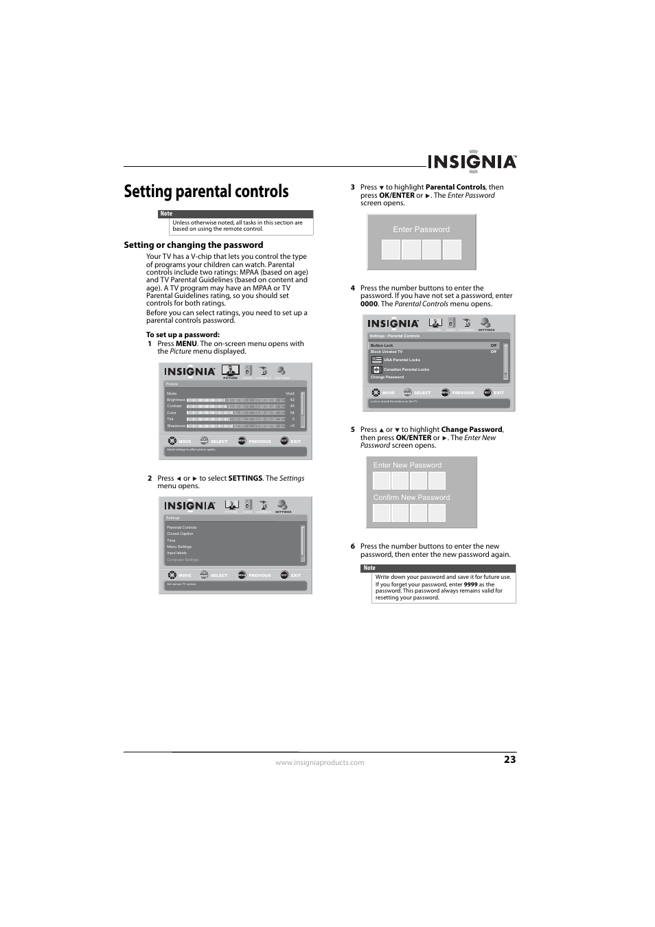 Setting parental controls, Setting or changing the password, Enter password | Insignia NS-L32Q09-10A User Manual | Page 27 / 44