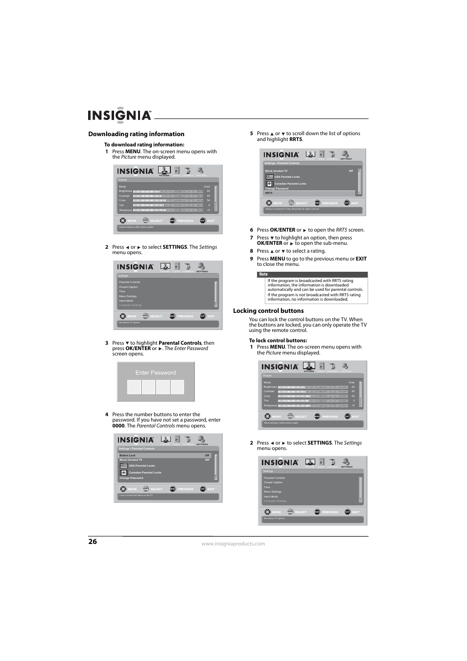 Downloading rating information, Locking control buttons, Enter password | Insignia NS-L32Q09-10A User Manual | Page 30 / 44