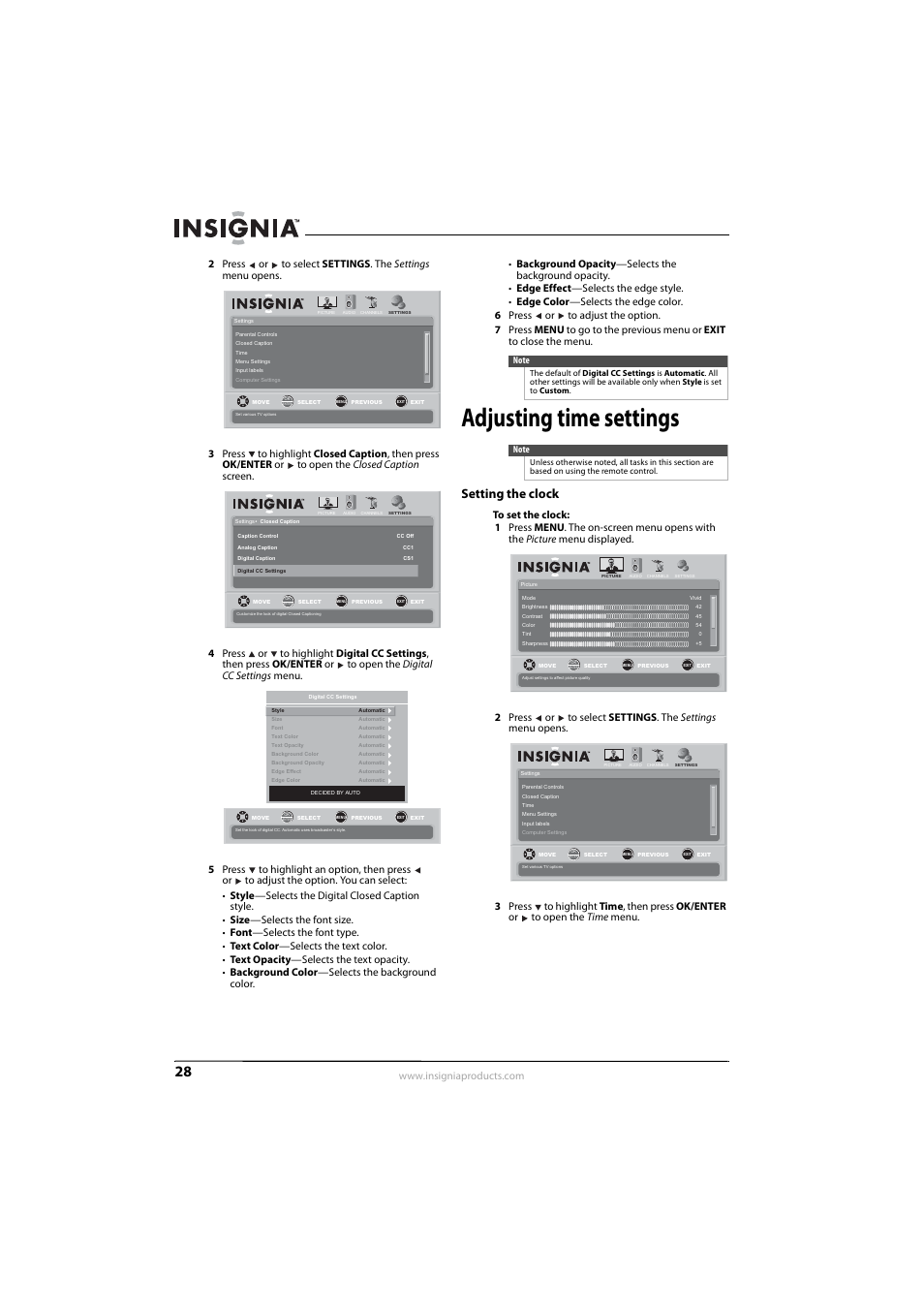Adjusting time settings, Setting the clock | Insignia NS-L32Q09-10A User Manual | Page 32 / 44