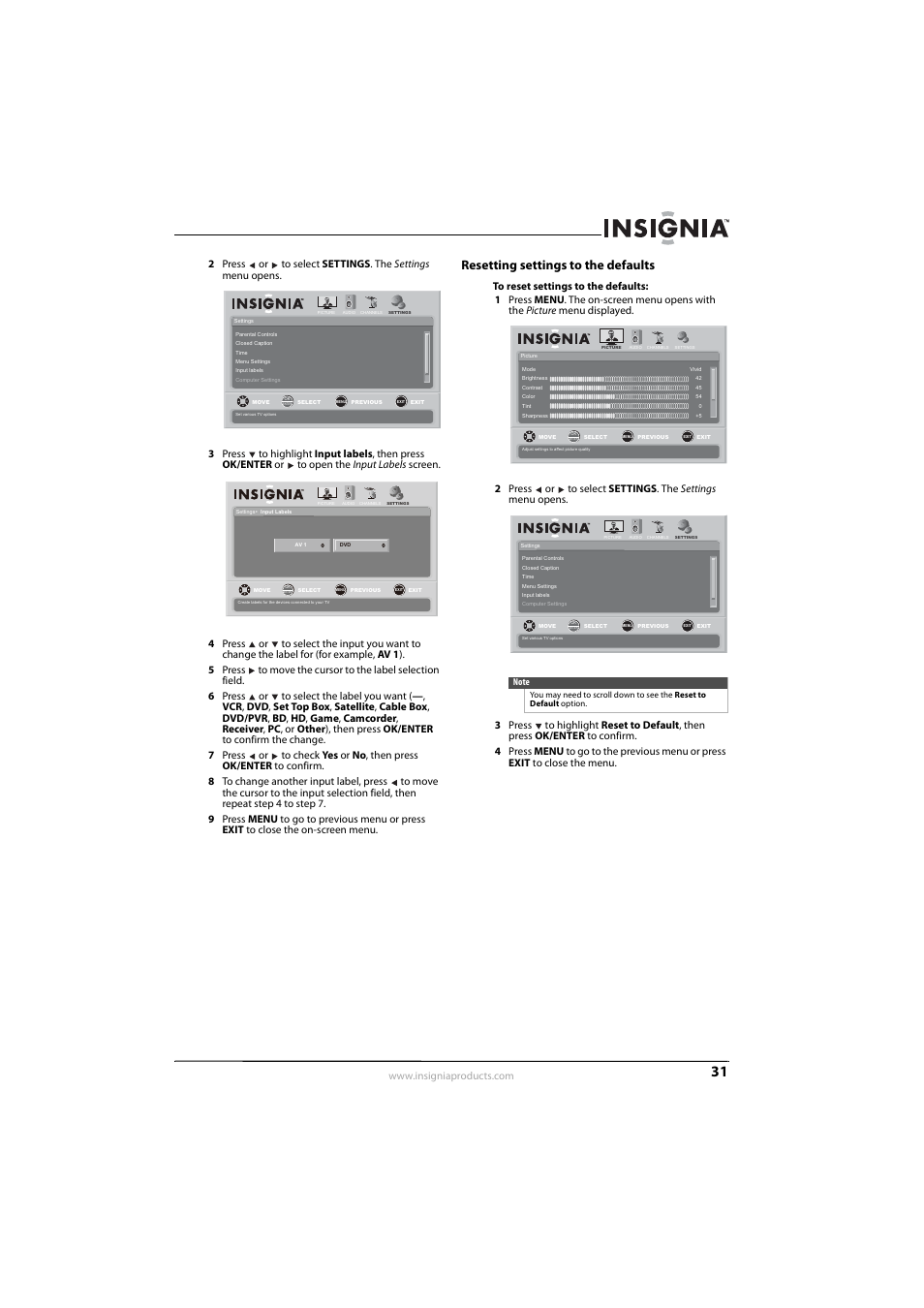 Resetting settings to the defaults | Insignia NS-L32Q09-10A User Manual | Page 35 / 44